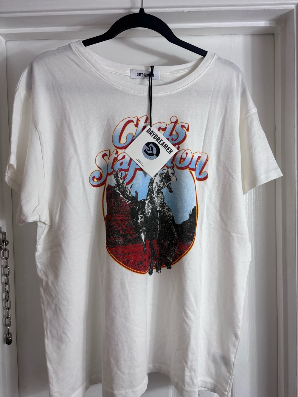 Daydreamer White Graphic Tee with Red and Blue Accents